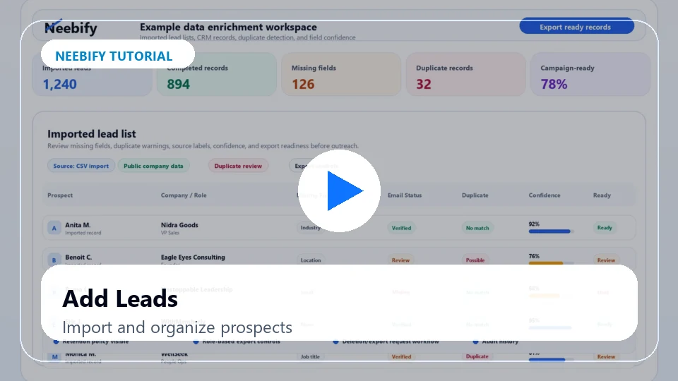 Neebify lead import tutorial showing CSV upload and B2B prospect organization
