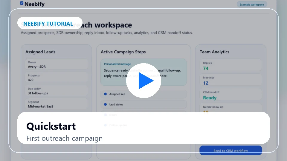 Neebify quickstart tutorial showing first LinkedIn and email outreach campaign setup