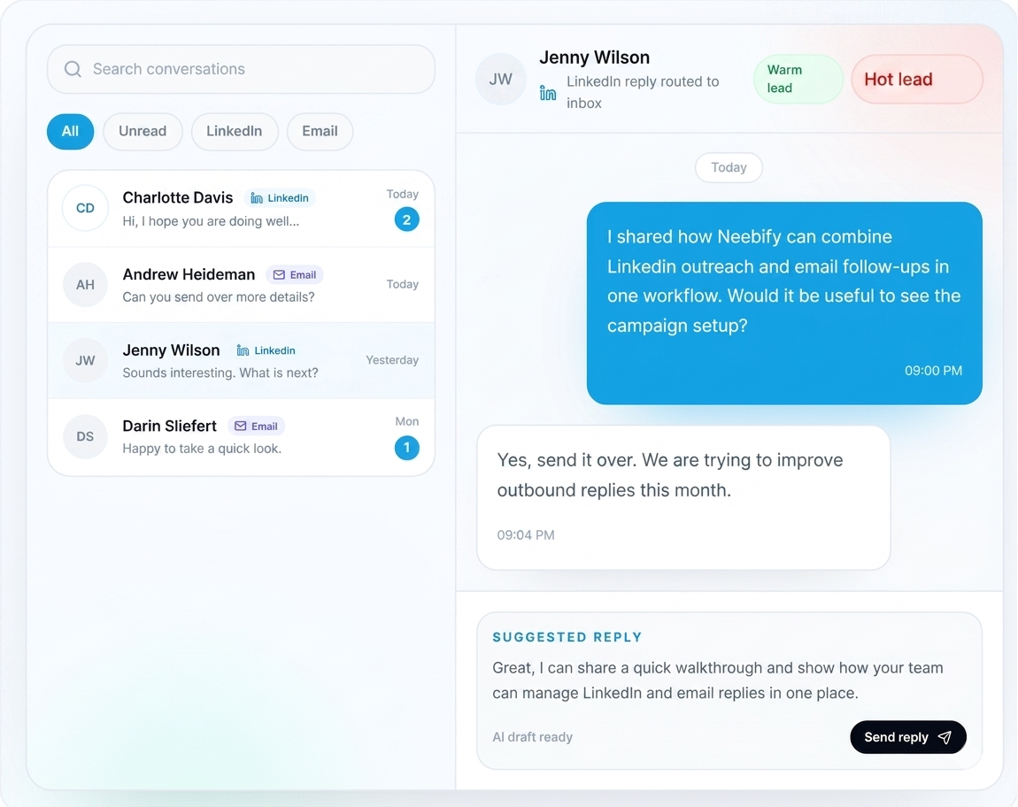 Neebify inbox showing LinkedIn and email replies, warm lead status, and suggested response workflow